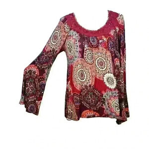 ENERGE' Womans CRANBERRY BURGUNDY Shirt LONG Sleeves Top Crotchet Neck size Med